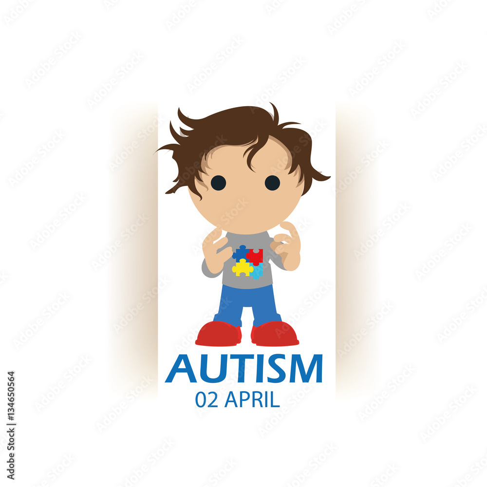 Child with gray t-shirt and sticker symbol of autism day, on whi