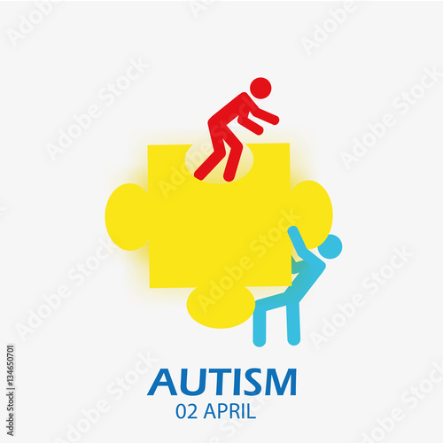 Big yellow puzzle with two human figures on it, text April 2 aut