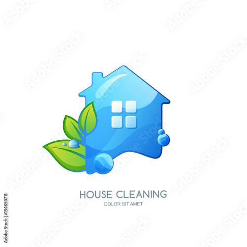 Cleaning service vector logo, emblem or icon design template. Clean house isolated illustration. Home with clean water texture and green leaves.