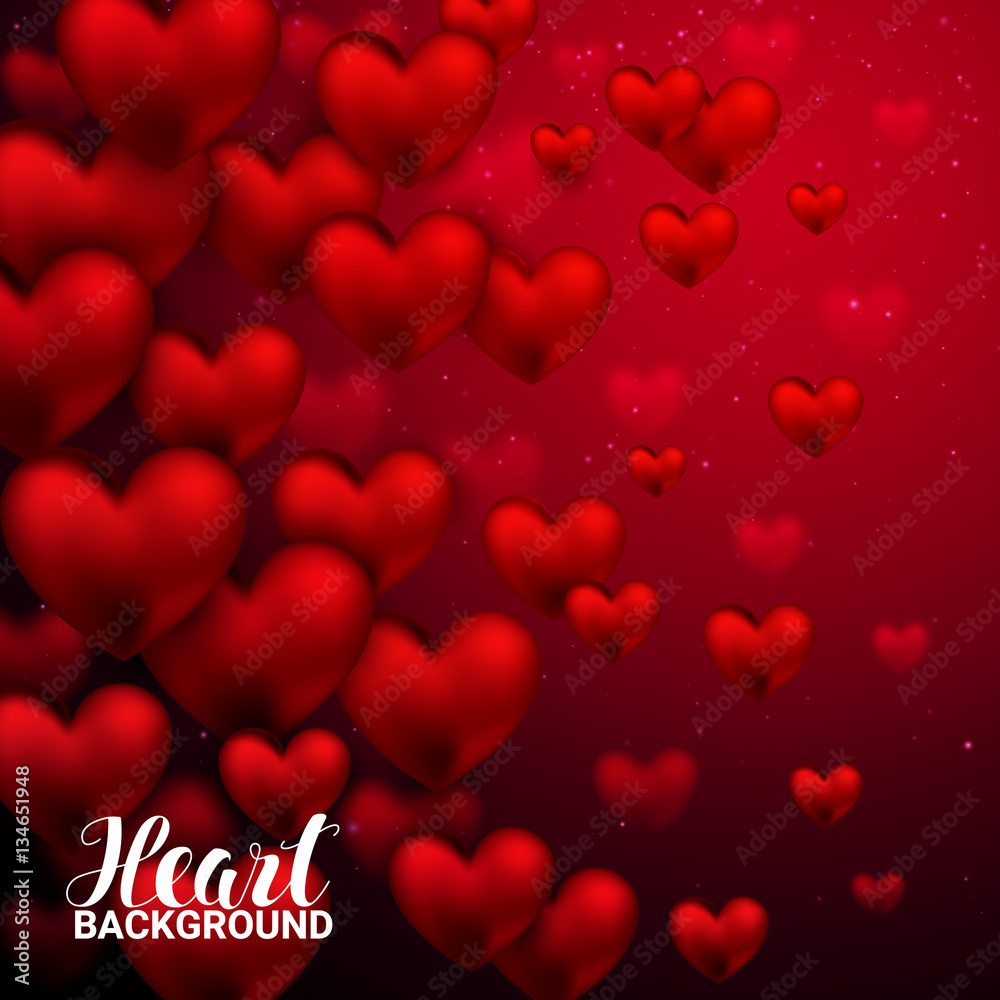Love romantic 3D Realistic Red Hearts Background with Happy Valentines Day. February 14. Vector Illustration.