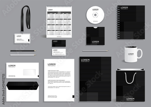 Business stationery set template, corporate identity design mock-up containing black pattern with horizontal stripes