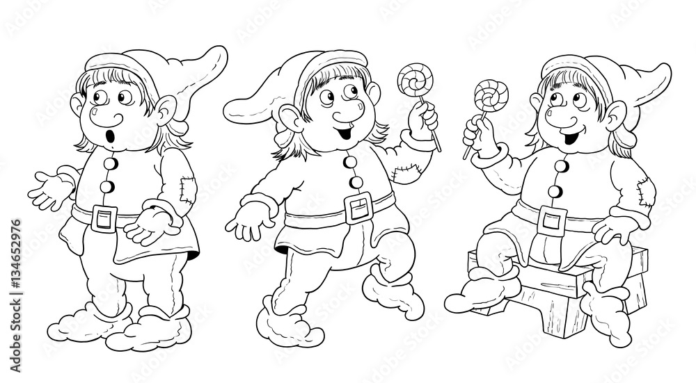 Snow White and the seven dwarfs. Fairy tale. A cute dwarf. Illustration for children. Coloring page