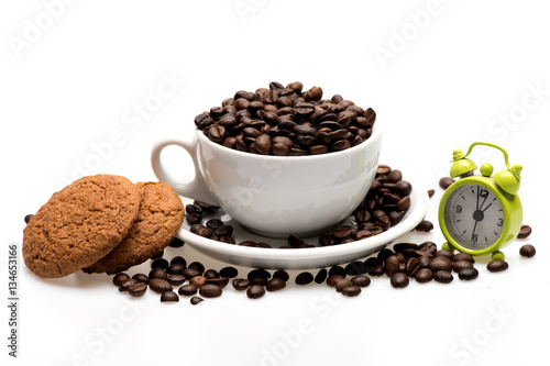 coffee, cup, alarm clock and oatmeal cookies isolated on white