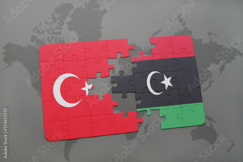 puzzle with the national flag of turkey and libya on a world map