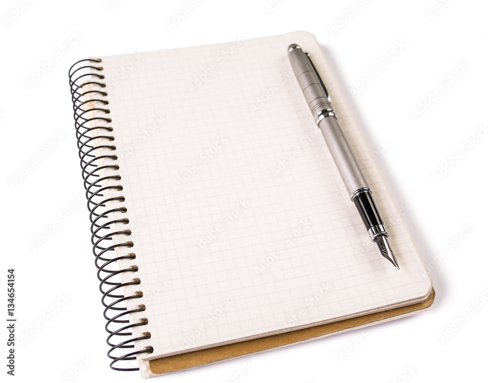 Notebook with elegant fountain pen on white background Notebook with elegant fountain pen on white background