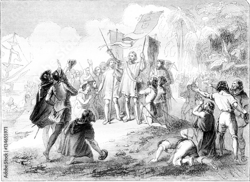 Discovery of the New World by Christopher Columbus, vintage engr