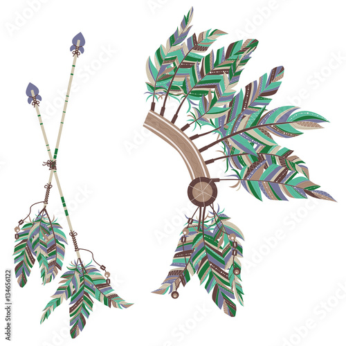 Headdress Indians and two arrows with feathers on a white background.