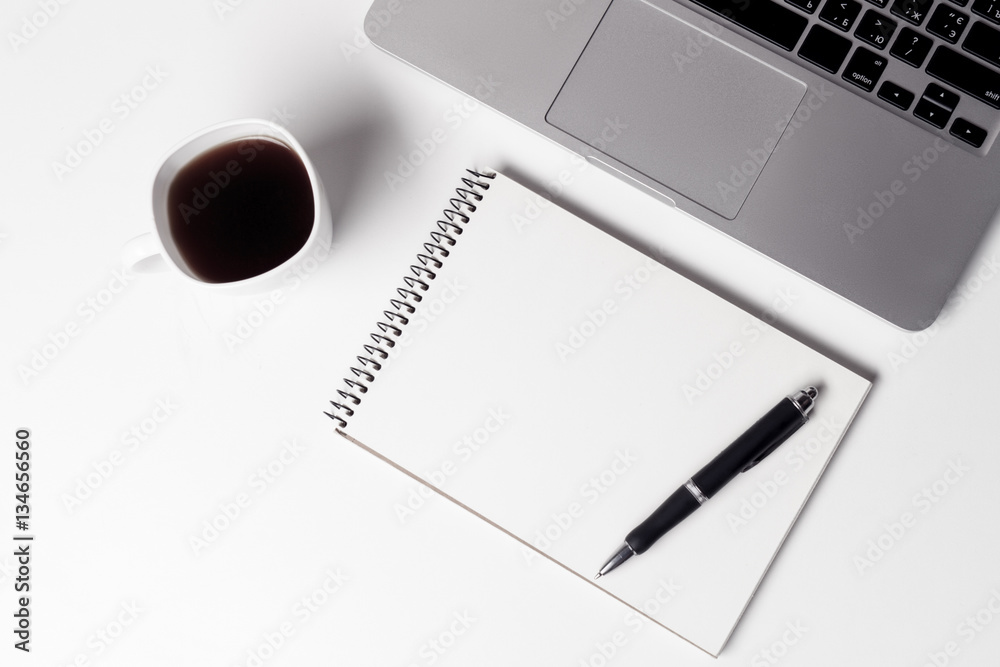 Cup With Coffe And Notebook With Pen Near Laptop Cup With Coffe And Notebook With Pen Near Laptop