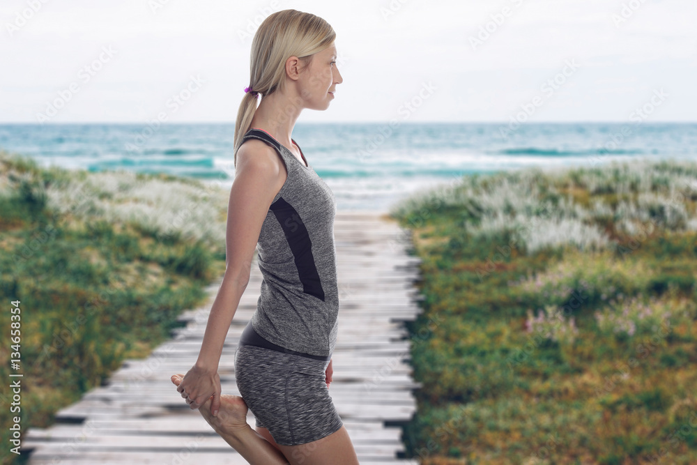 Yoga, Woman stretching after workout in nature Yoga, Woman stretching after workout in nature