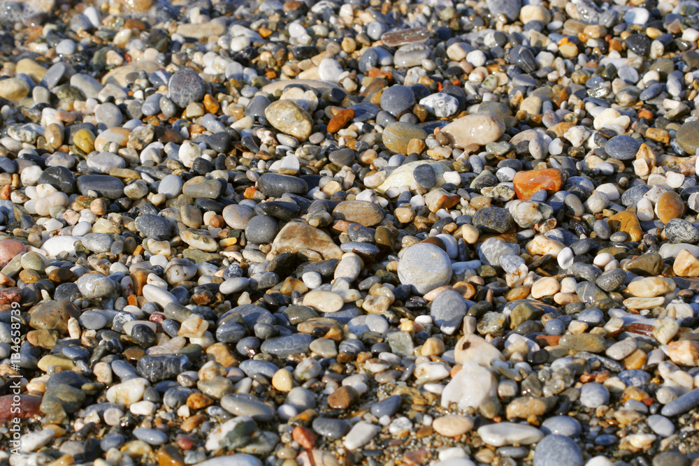 A close up view of smooth polished multicolored stones washed a A close up view of smooth polished multicolored stones washed a