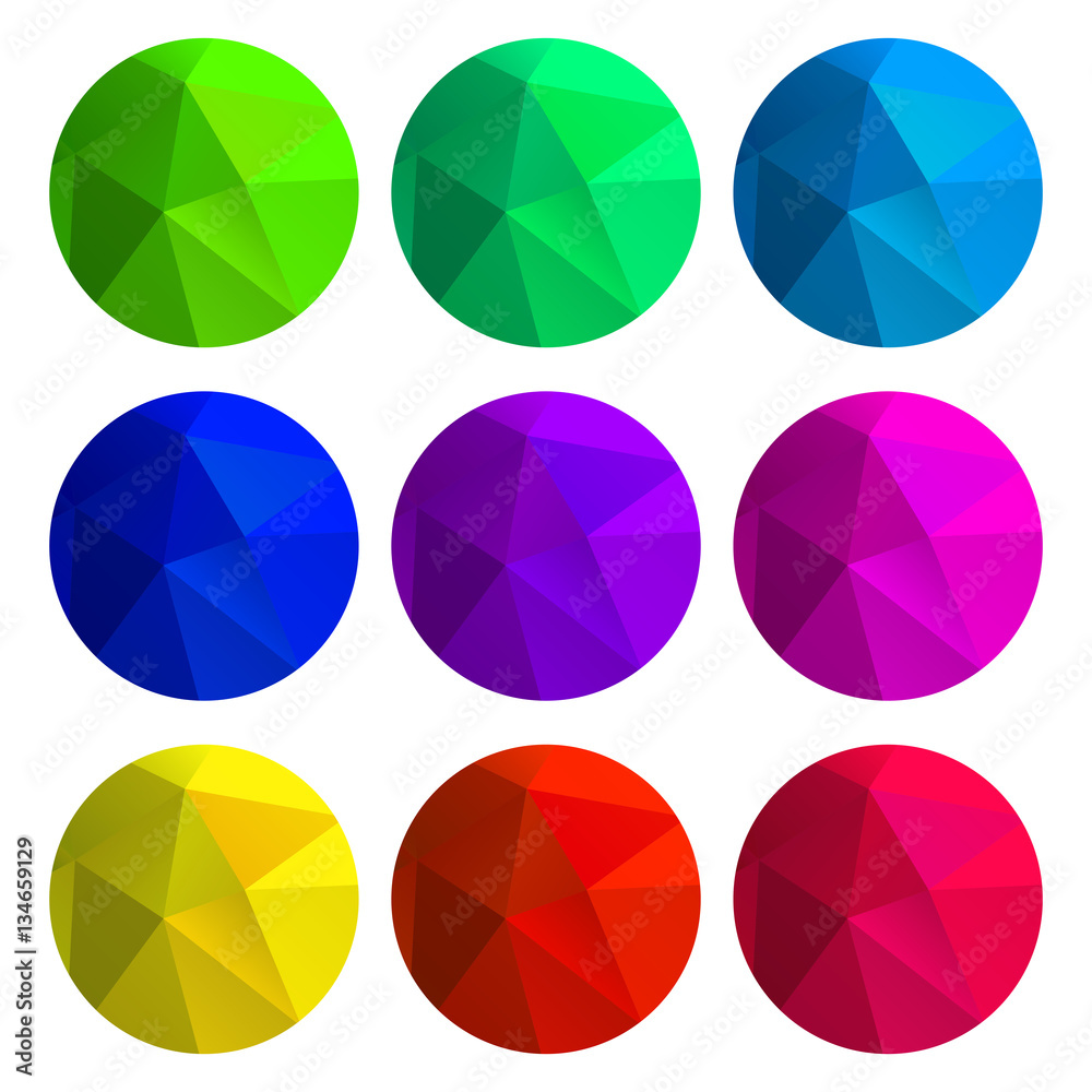 vector set of round polygonal gradient backgrounds of green blue cyan red  orange yellow purple pink color which can be used as buttons icons for web  design or label Stock Vector