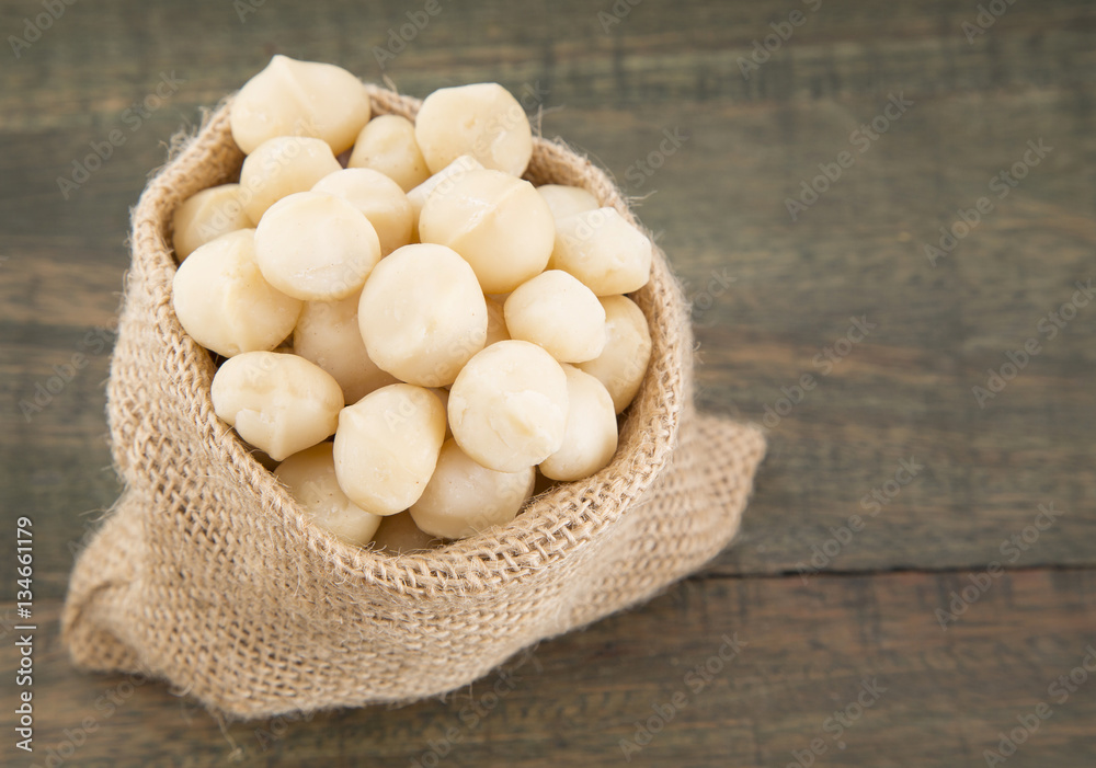 Organic Macadamia nut on wooden table (Macadamia integrifolia) Organic Macadamia nut on wooden table (Macadamia integrifolia)