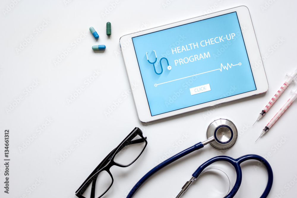 concept time health check up on white background top view concept time health check up on white background top view