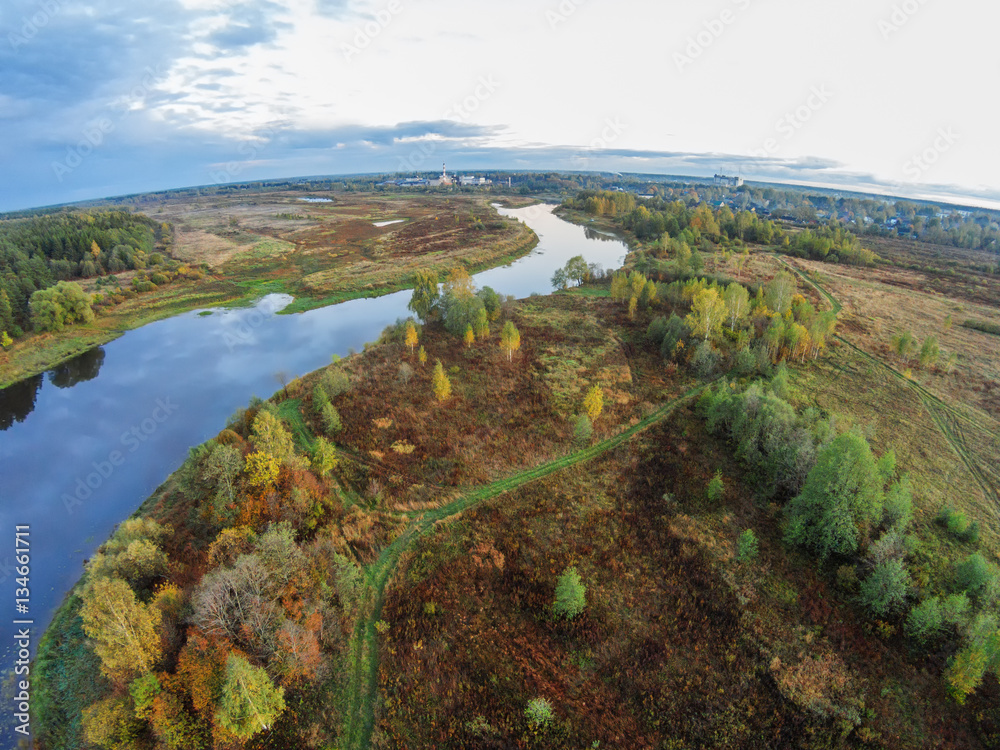 Aerial view of the river Mologa near the village.