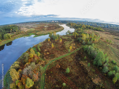 Obraz na płótnie Aerial view of the river Mologa near the village. w salonie
