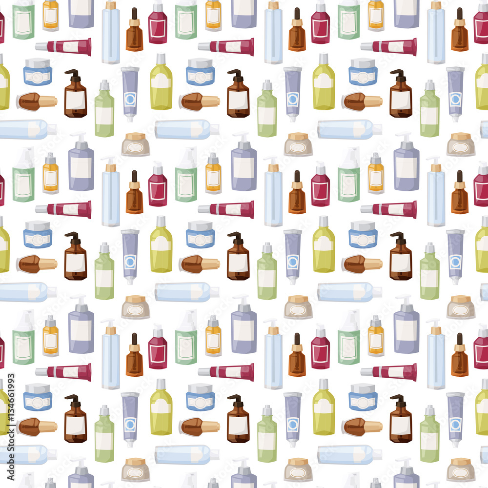 Cosmetics bottles vector seamless pattern illustration.