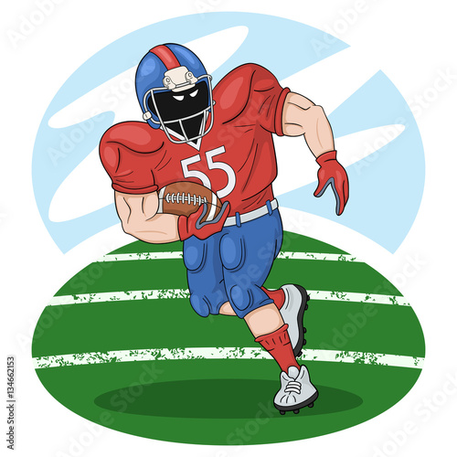 American football player with a ball. Running back on the run..
