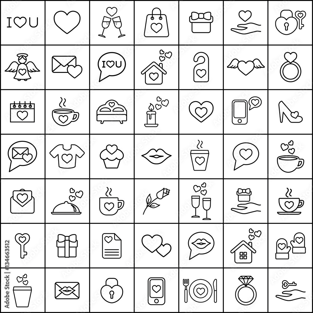 valentine day love wedding line icons set black on white