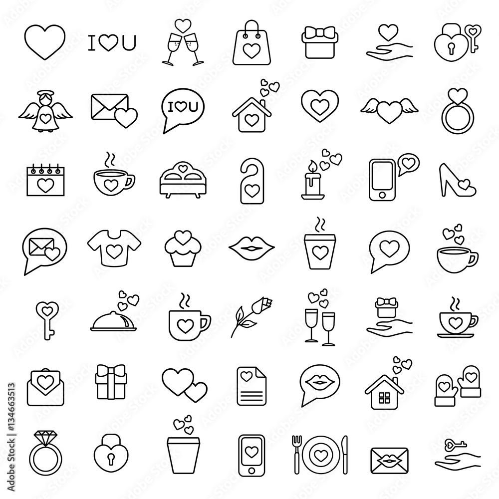 Fototapeta premium valentine day love wedding line icons set black on white