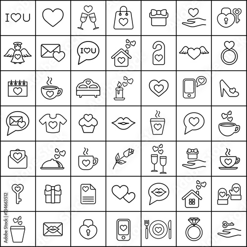 valentine day love wedding line icons set black on white