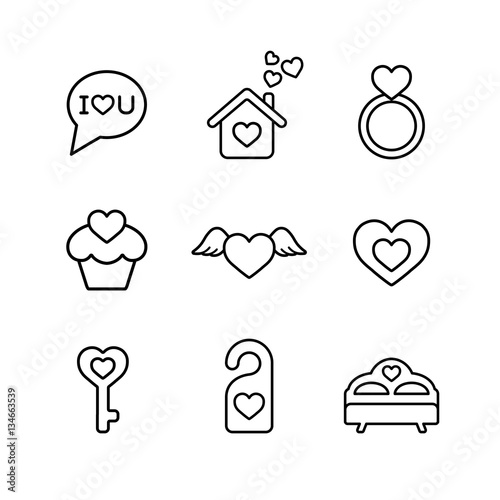 valentine day love wedding line icons set black on white photo