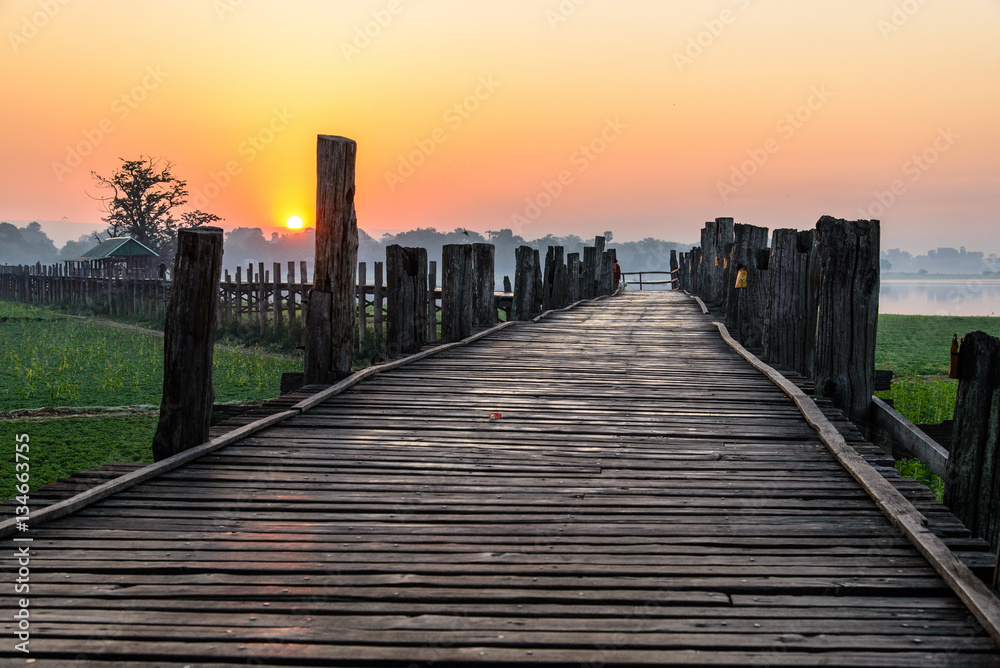 U-Bein Bridge at dawn in Myanmar, the world's longest Teak wood bridge