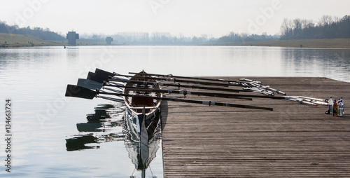 Fototapeta Rowing eight, ready for a training session