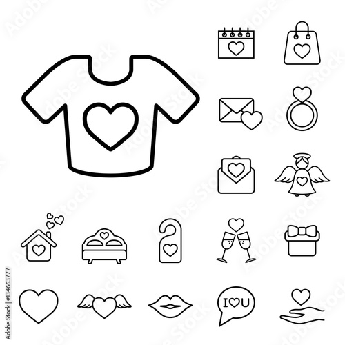 t-shirt with heart line black on white icons set photo