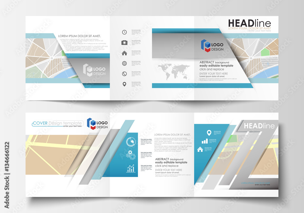 Set of business templates for square tri fold brochures. Leaflet cover, easy editable layout. City map with streets. Flat design template, tourism businesses, abstract vector illustration. Set of business templates for square tri fold brochures. Leaflet cover, easy editable layout. City map with streets. Flat design template, tourism businesses, abstract vector illustration.