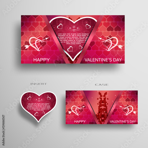 Vector set of red greeting card with pattern for Valentine's Day insert in the case on the gray gradient background.