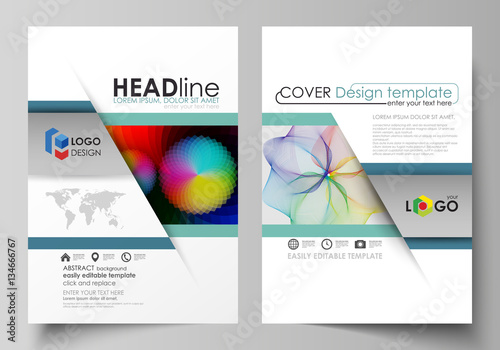 Business templates for brochure, flyer, booklet, report. Cover template, flat vector layout in A4 size. Colorful design, overlapping geometric shapes and waves forming abstract beautiful background.