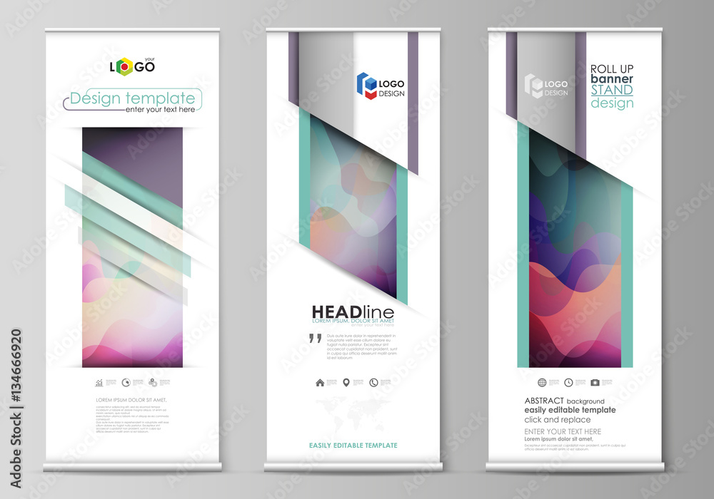 Roll up banner stands, flat geometric style templates, modern business concept, corporate vertical vector flyers, flag layouts. Colorful design pattern, shapes forming abstract beautiful background.