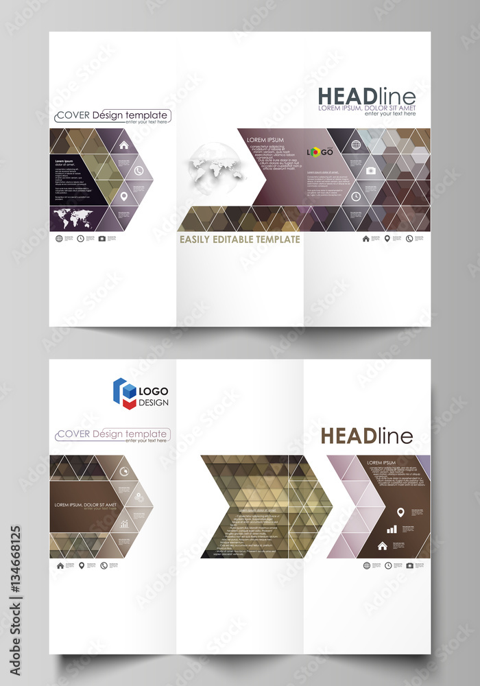 Tri-fold brochure business templates on both sides. Easy editable vector layout in flat design. Abstract multicolored backgrounds. Geometrical patterns. Triangular and hexagonal style.