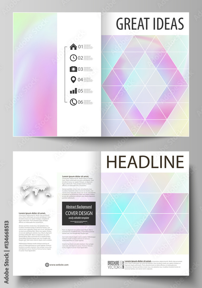 Business templates for bi fold brochure, flyer. Cover design template, abstract vector layout in A4 size. Hologram, background in pastel colors, holographic effect. Blurred pattern, futuristic texture