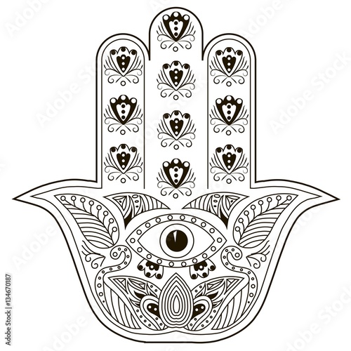 Hand drawn Hamsa, zentangle style  illustration for coloring book page, graphic. Ornamental sketch for a tattoo, poster or print sketch, monochrome collection boho stock vector illustration