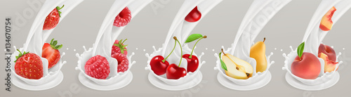 Fruit, berries and yogurt. Realistic illustration. 3d vector icon set 4