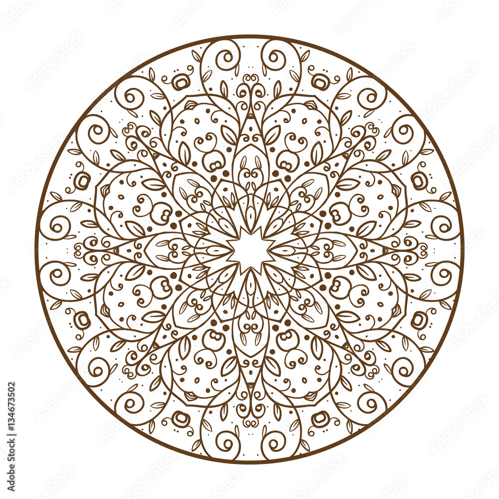 Vector floral retro doodle pattern with flowers and leaves in circle on a white background. Monochrome brown and white pattern. Doodle lace mandala. Vector illustration.