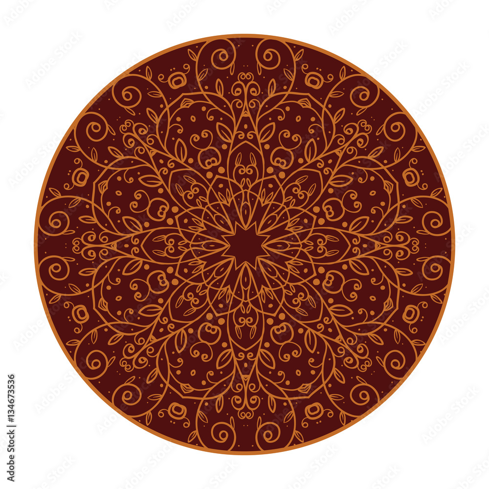 Vector brown floral retro doodle pattern with flowers and leaves in circle on a white background. Brown and orange pattern. Doodle lace mandala. Vector illustration.