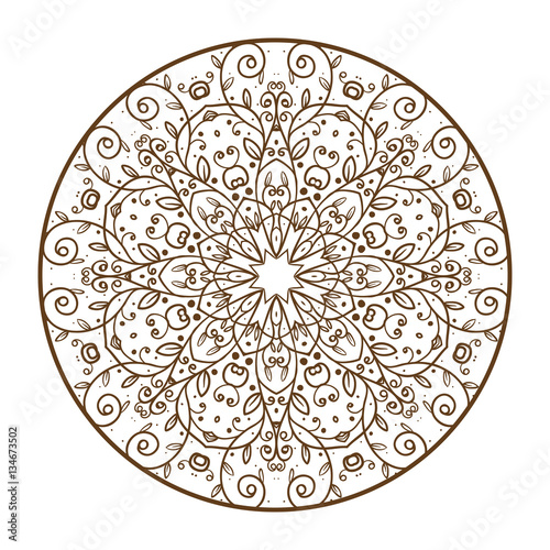 Vector floral retro doodle pattern with flowers and leaves in circle on a white background. Monochrome brown and white pattern. Doodle lace mandala. Vector illustration.