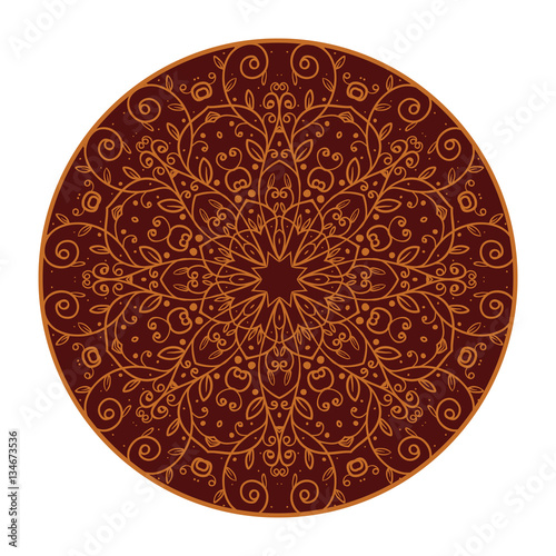 Vector brown floral retro doodle pattern with flowers and leaves in circle on a white background. Brown and orange pattern. Doodle lace mandala. Vector illustration.