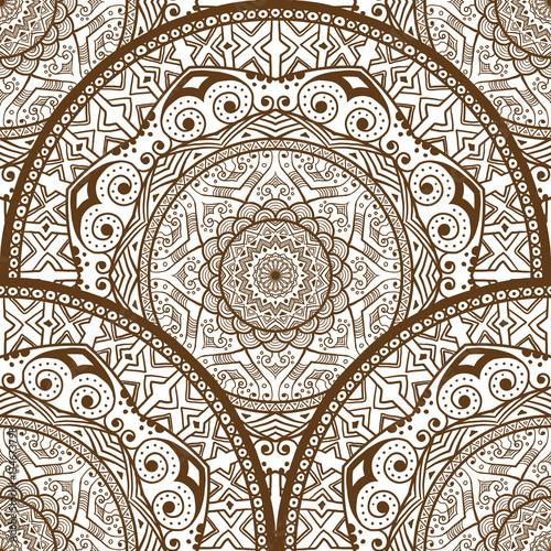 Vector seamless ethnic retro oriental pattern with decorative elements on a white background. Monochrome brown and white seamless pattern. Doodle lace mandala. Vector illustration. Ornament.