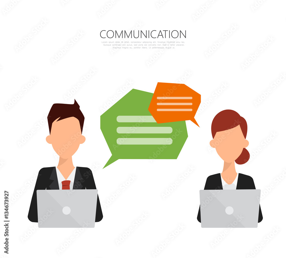 Business man and business woman talking and communication working ...