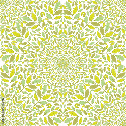 Vector abstract seamless floral pattern with green and yellow leaves on branches on a white background. Seamless mandala. Vector illustration. Colorful ornament.