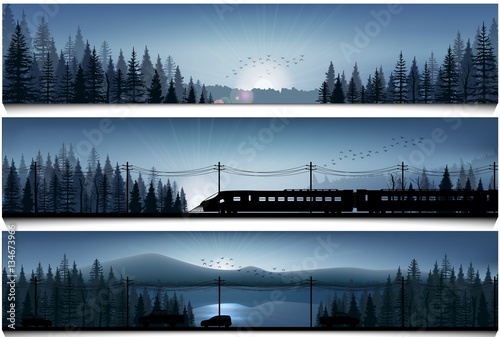 Horizontal banners with the high speed train and cars on landscape forest background 