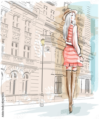 Hand drawn fashion woman on a street background. Stylish girl in a hat. Sketch set. Vector illustration.
