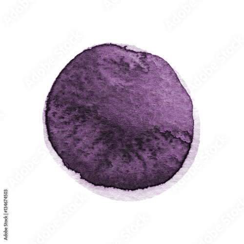 Dark purple, violet round watercolor stain isolated on white background with realistic paper texture. Watercolour deep lavender vibrant spot. Hand drawn template.