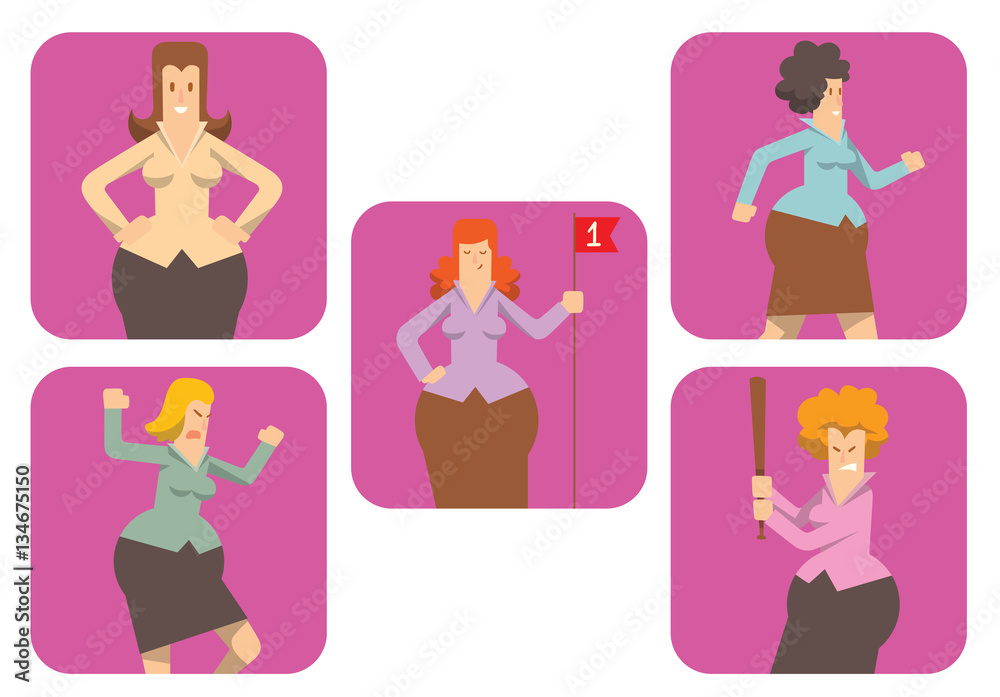 Vector set of frames with cartoon images of rounded business women in different clothes, with different actions and emotions on a white background. Geometric business woman. Vector illustration. Vector set of frames with cartoon images of rounded business women in different clothes, with different actions and emotions on a white background. Geometric business woman. Vector illustration.