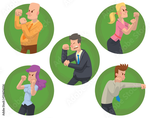 Vector set of round green frames with cartoon images of different businessmen and business women in different clothes, fighting on white background. Business fight. Office warrior. Vector illustration