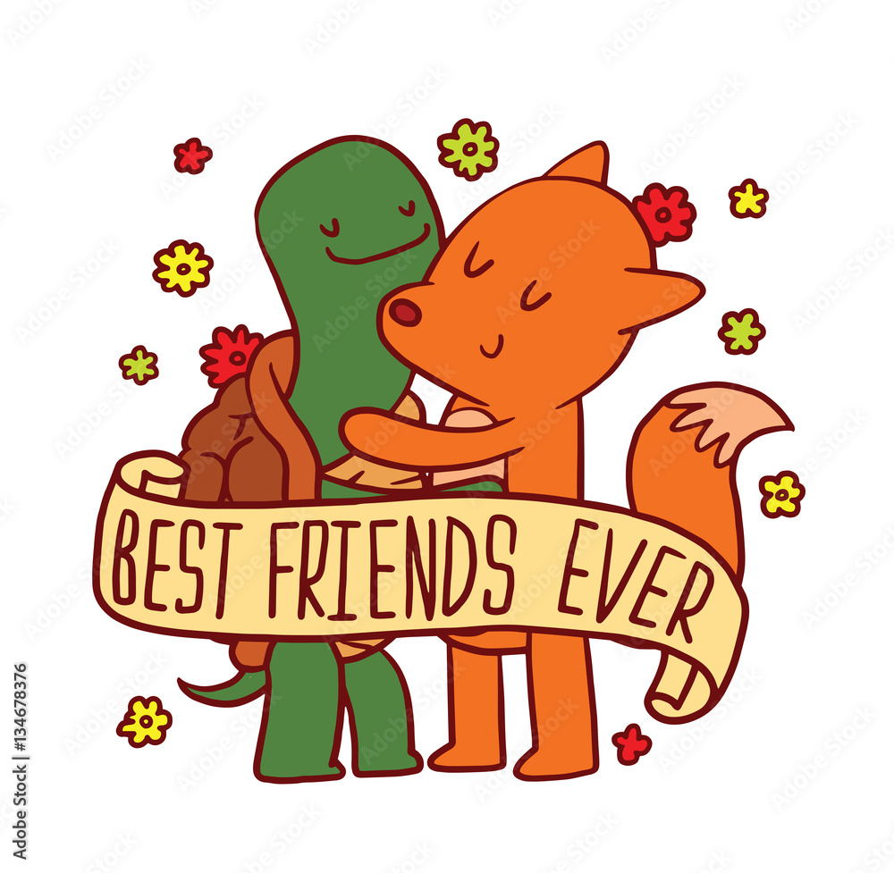 Fototapeta premium Vector emblem with banner, colorful flowers and with cartoon image of cute animals: a green-brown turtle and a red fox standing and hugging on a white background. Inscription 