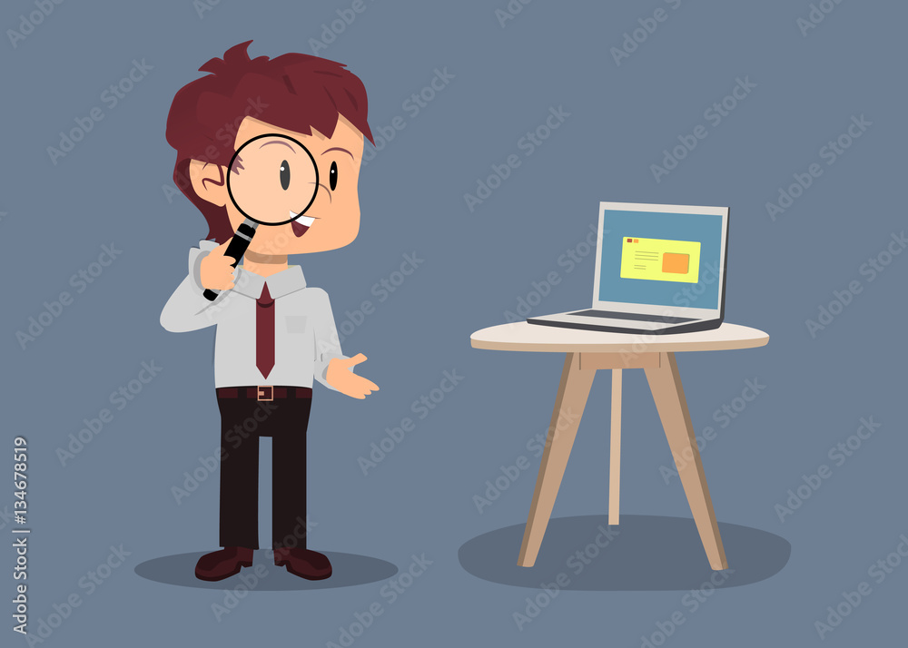 Empleado de oficina con lupa hablando de optimización para motores de búsqueda en junta de negocios Empleado de oficina con lupa hablando de optimización para motores de búsqueda en junta de negocios